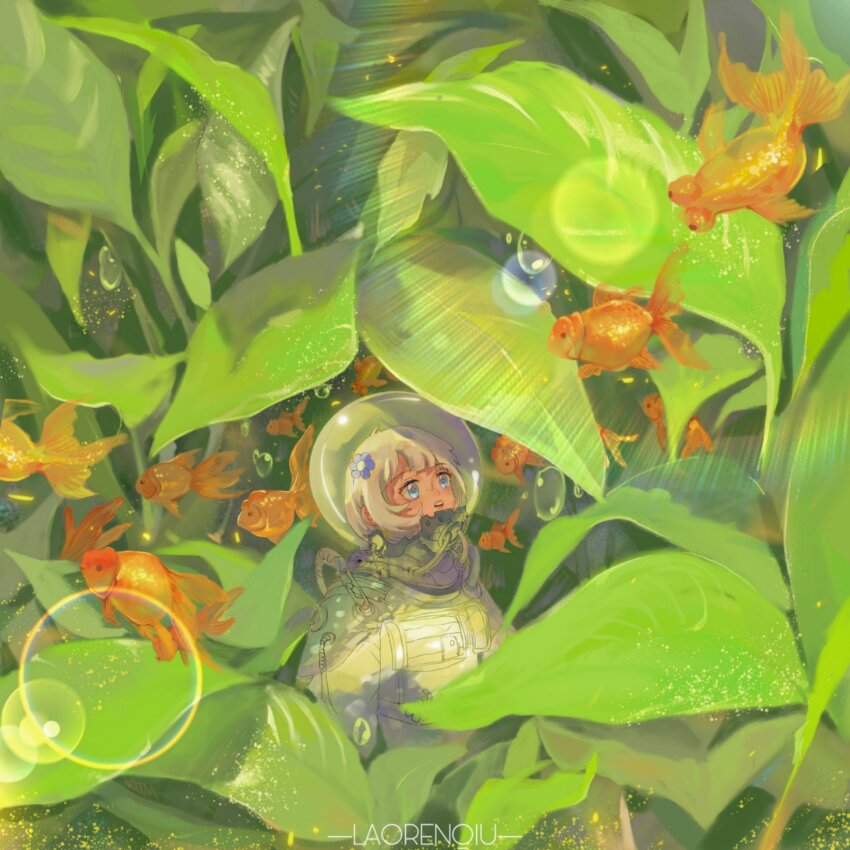 1girl, artist_name, astronaut, blue_eyes, blue_flower, blunt_bangs, bubble, expressionless