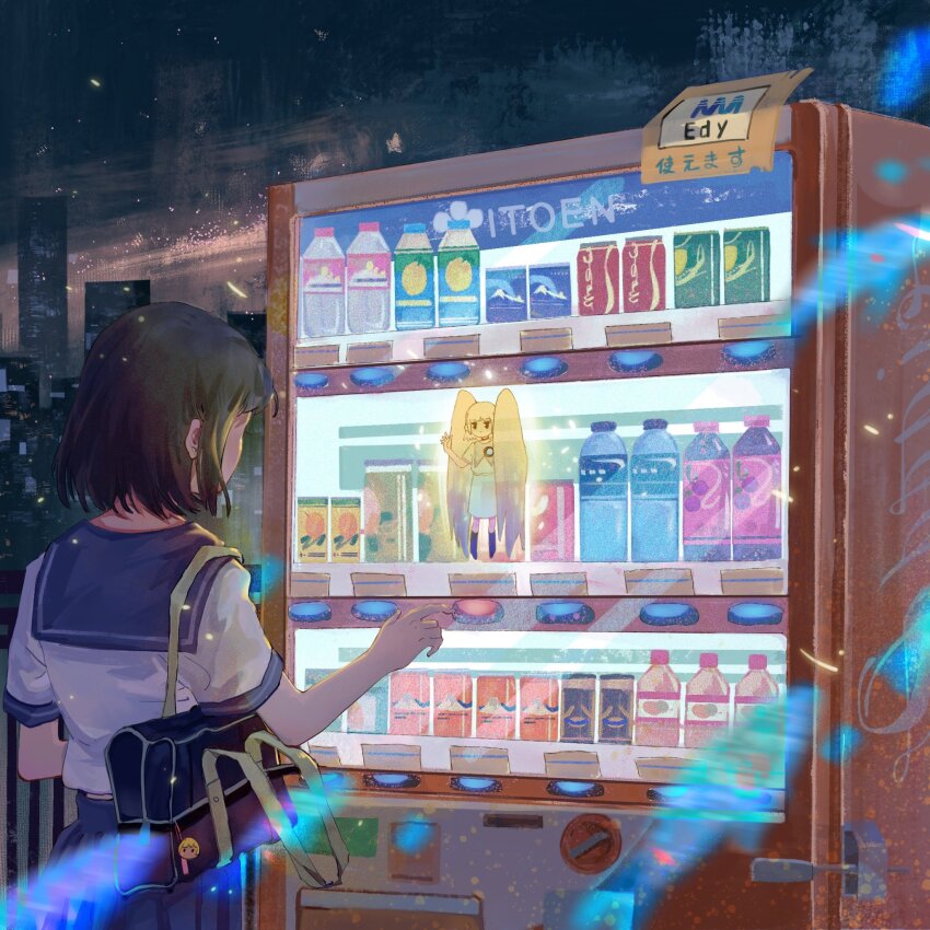 2girls, angel, bag, black_bag, black_boots, black_hair, blue_sailor_collar, blue_skirt