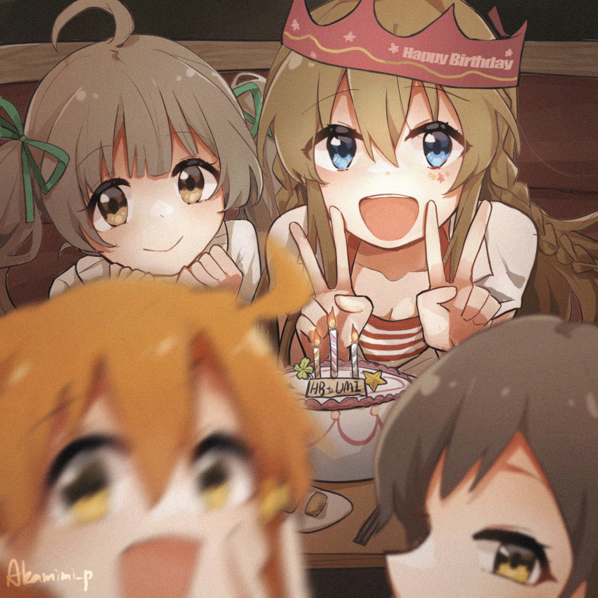 4girls, :d, ahoge, artist_name, birthday, birthday_cake, blue_eyes, blurry, blurry_foreground, braid, brown_eyes, brown_hair, cake, character_name, closed_mouth, clover_(idolmaster), collarbone, double_v, food, green_ribbon, hair_between_eyes, hair_ribbon, hakozaki_serika, happy_birthday, highres, idolmaster, idolmaster_million_live!, idolmaster_million_live!_blooming_clover, indoors, kitazawa_shiho, kousaka_umi, long_hair, looking_at_viewer, multiple_girls, nnnn, open_mouth, orange_hair, ribbon, shirt, short_hair, smile, striped_clothes, striped_shirt, table, teeth, twin_braids, twintails, upper_teeth_only, v, yabuki_kana, yellow_eyes