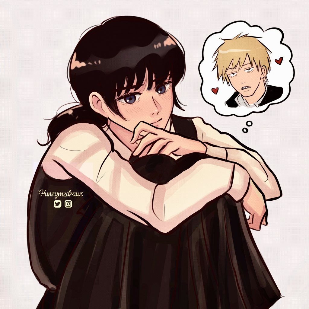 1girl, black_dress, black_eyes, black_hair, chainsaw_man, closed_mouth, commentary, denji_(chainsaw_man)