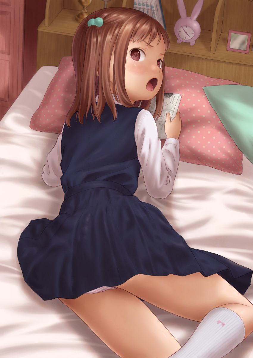 1girl, annoyed, book, bow_legwear, clock, collared_shirt, day, dress, feet_out_of_frame, green_pillow, hair_bobbles, hair_ornament, hand_mirror, highres, holding, holding_book, holding_manga, indoors, loli, long_sleeves, looking_at_viewer, looking_back, lying, manga_(object), mirror, on_bed, open_mouth, original, panties, pile_of_books, pinafore_dress, pink_panties, red_eyes, red_pillow, school_uniform, shelf, shirt, short_dress, short_hair, sleeveless, sleeveless_dress, socks, solo, striped_clothes, striped_panties, trophy, underwear, wadachitokakeru, white_panties, white_shirt, white_socks