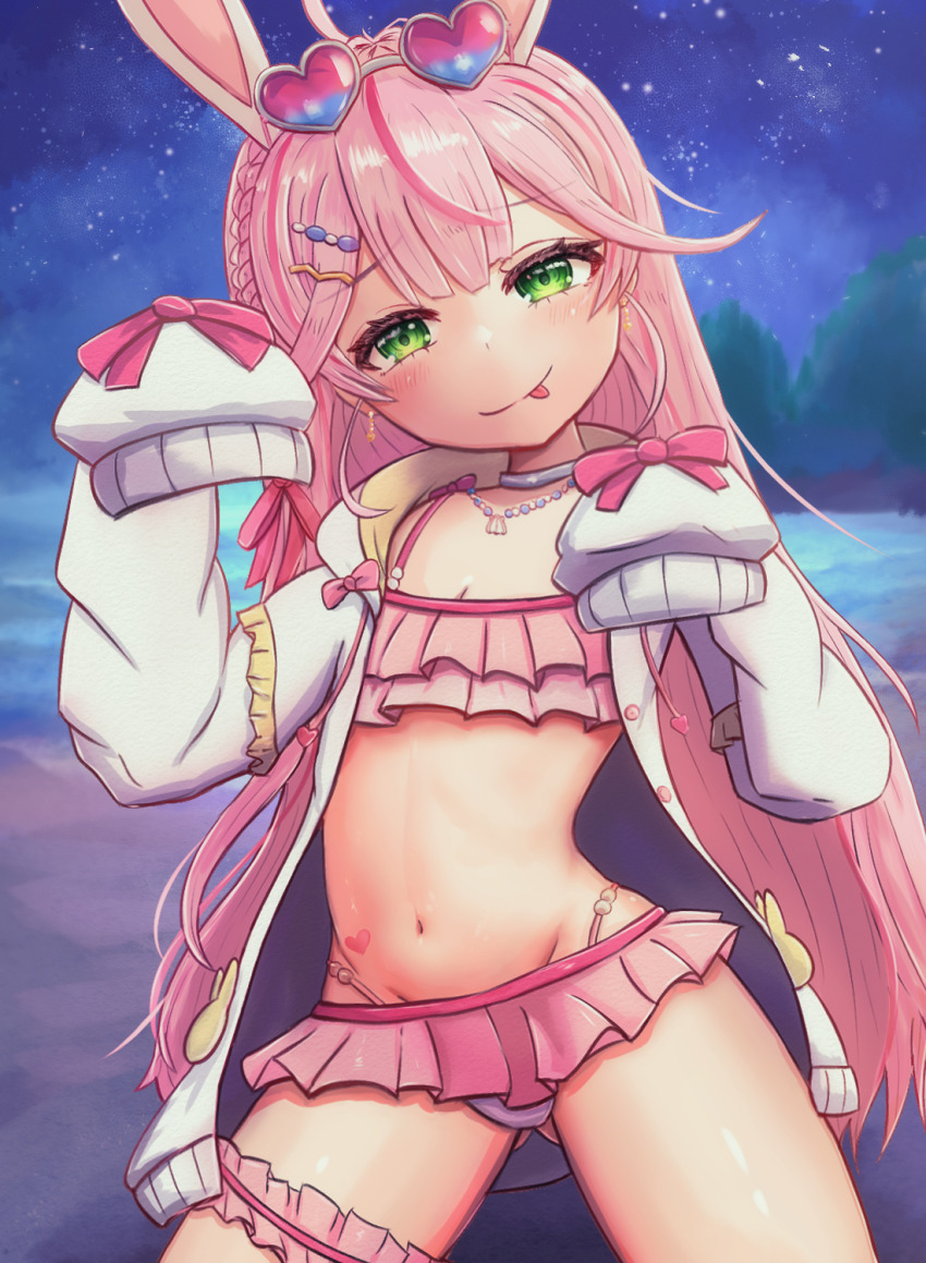 1girl, animal_ears, asuka-halhal, bikini, bikini_skirt, blush, bow, commentary_request