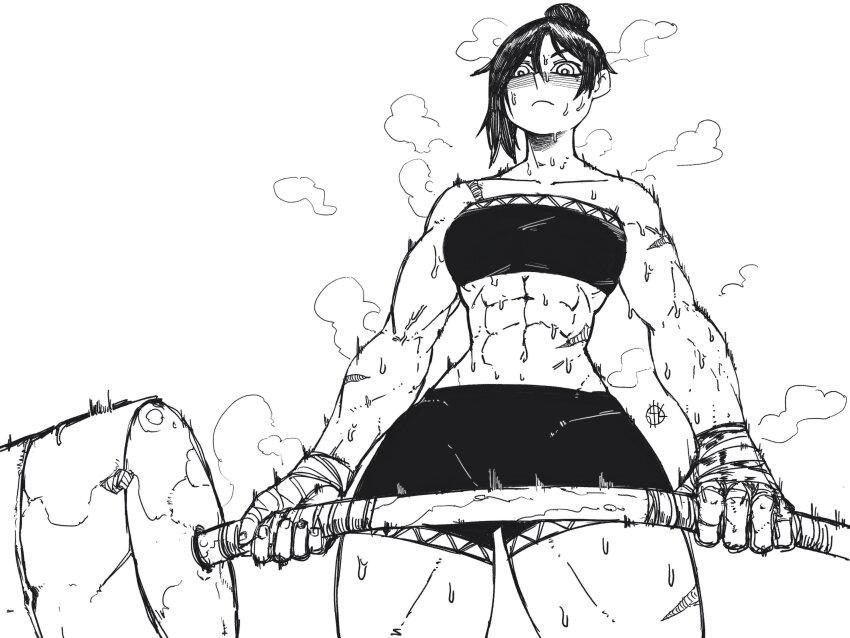 1girl, abs, absurdres, asymmetrical_hair, bandaged_hand, bandages, commentary, english_commentary, exercising, greyscale, hair_bun, highres, looking_down, monochrome, muscular, muscular_female, original, scar, sebinks, shorts, solo, steam, steaming_body, stomach, strapless, sweat, thighs, tube_top, very_sweaty, weightlifting, weights