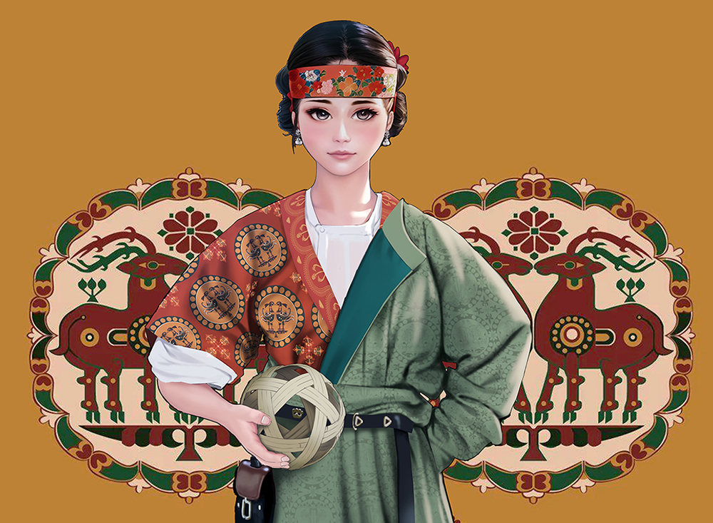 1girl, ball, black_hair, brown_background, brown_eyes, chinese_clothes, earrings, hand_on_own_hip