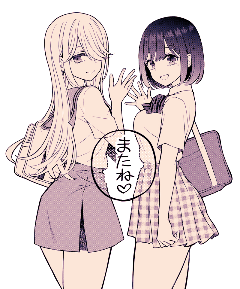 1girl, 2girls, bag, blonde_hair, breasts, closed_mouth, hair_over_one_eye, heart