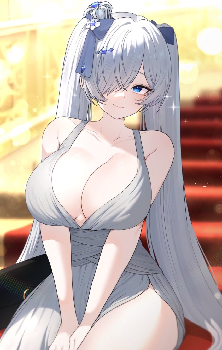 1girl, bare_arms, bare_shoulders, blue_eyes, blurry, blurry_background, breasts, cinderella_(nikke)