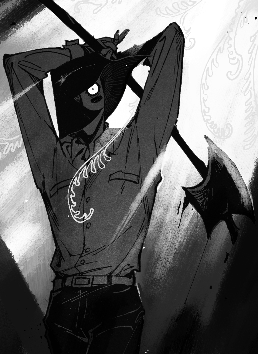 1boy, arms_up, axe, axe_luther, chinese_commentary, commentary_request, cowboy_shot, extra_eyes