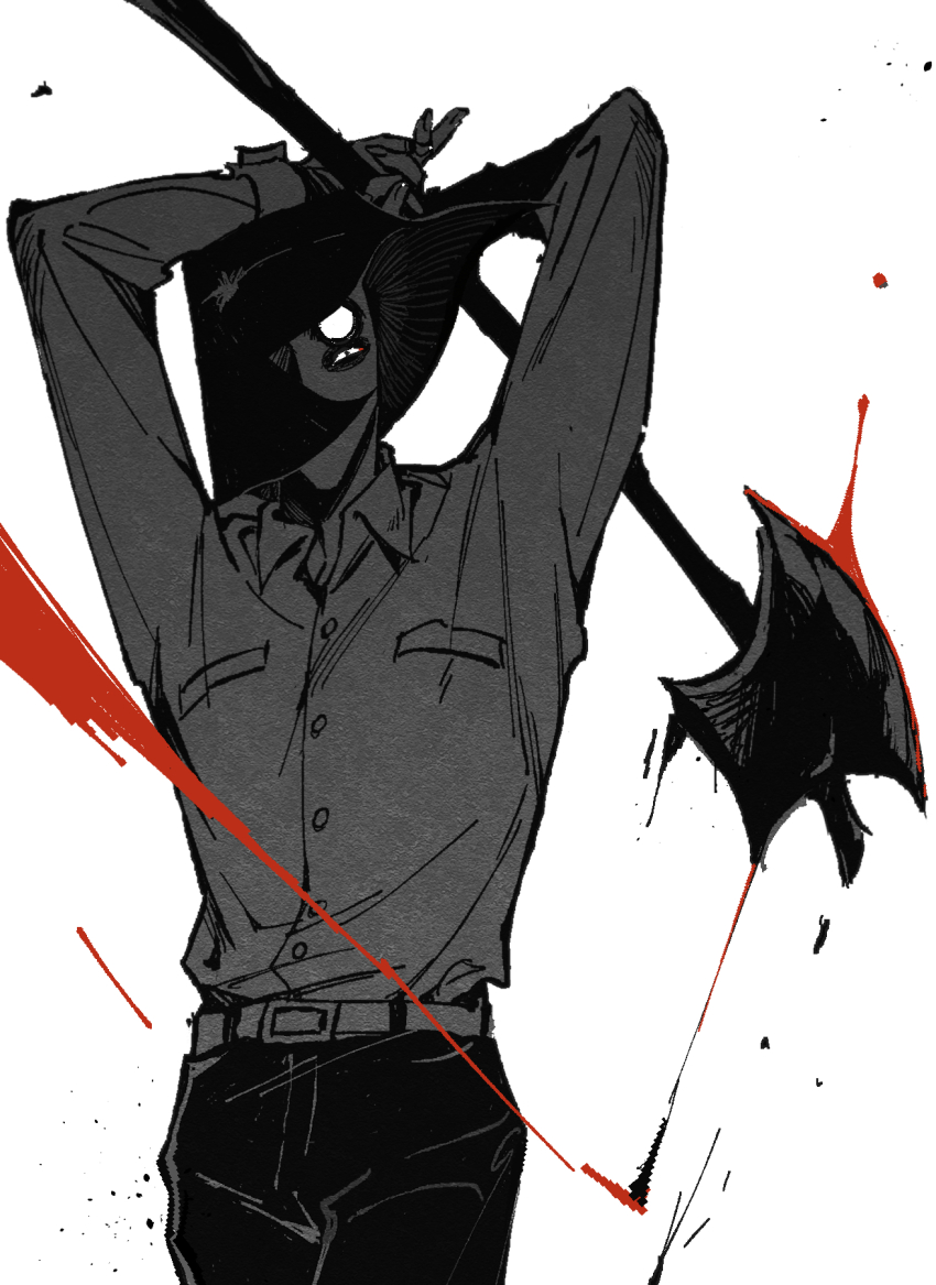 1boy, arms_up, axe, axe_luther, blood, bloody_weapon, chinese_commentary, commentary_request