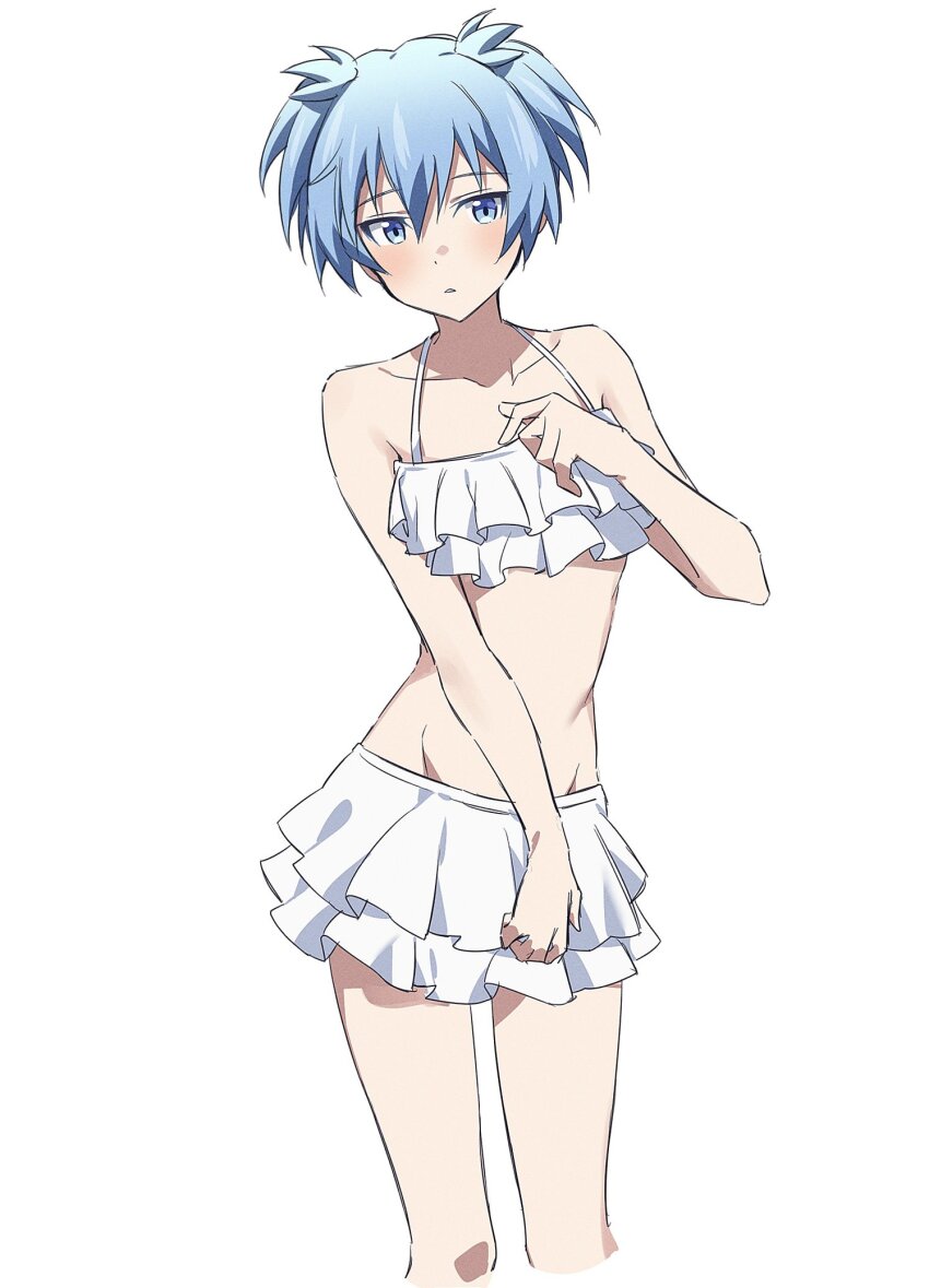 1boy, ansatsu_kyoushitsu, bikini, blue_eyes, blue_hair, blush, crossdressing, crossdressing_(mtf), dot_nose, embarrassed, frilled_bikini, frilled_skirt, frills, highres, male_focus, shiota_nagisa, short_twintails, simple_background, skirt, solo, swimsuit, trap, twintails, white_background, yur11