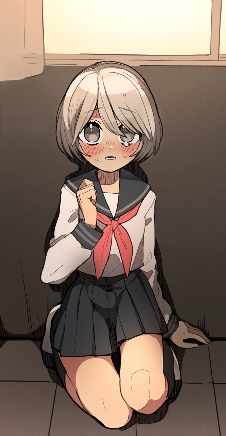 1boy, black_skirt, black_socks, blush, classroom, crossdressing, crossdressing_(mtf), curtains