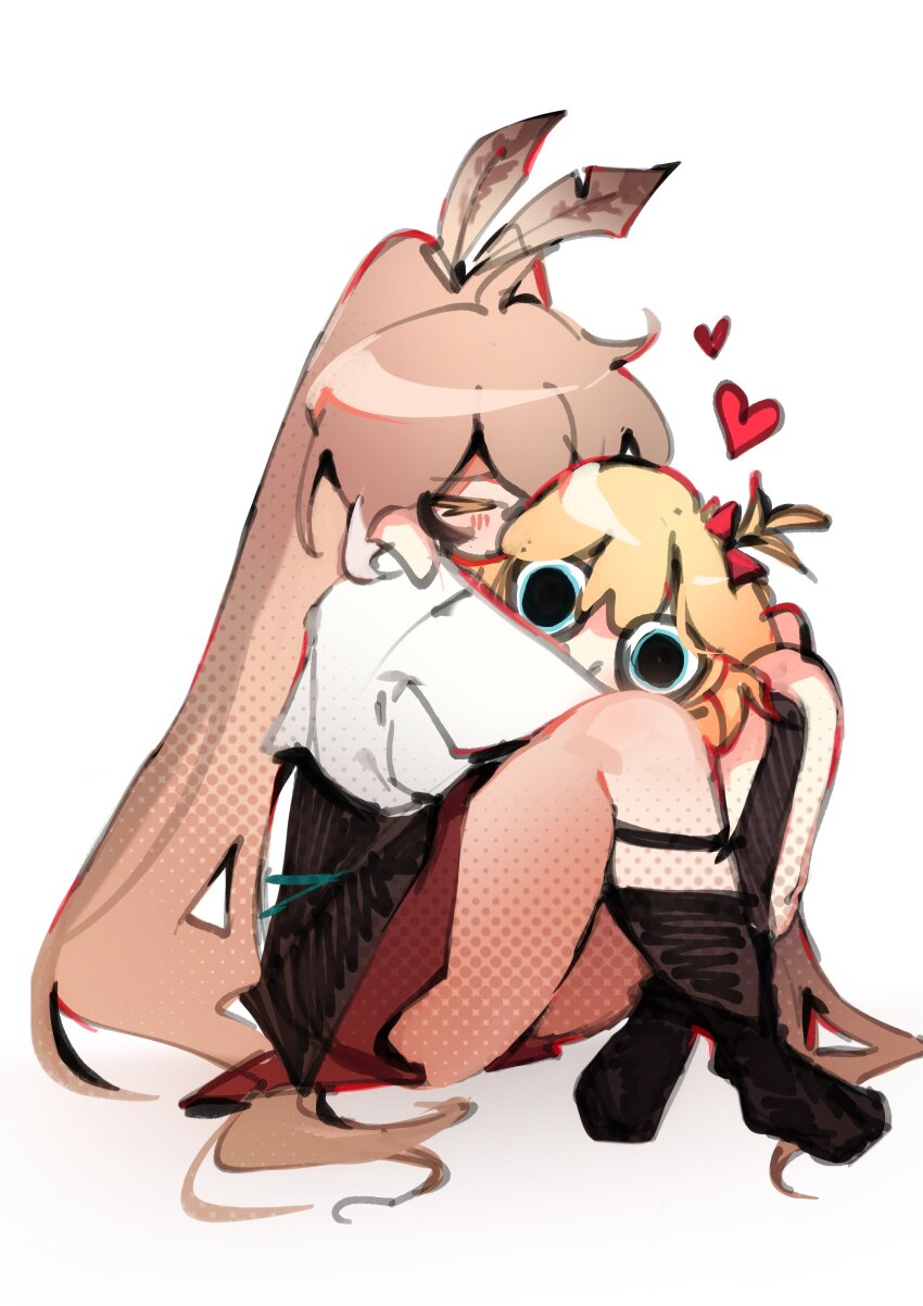 >_<, 2girls, absurdres, brown_corset, brown_hair, corset, feather_hair_ornament, feathers