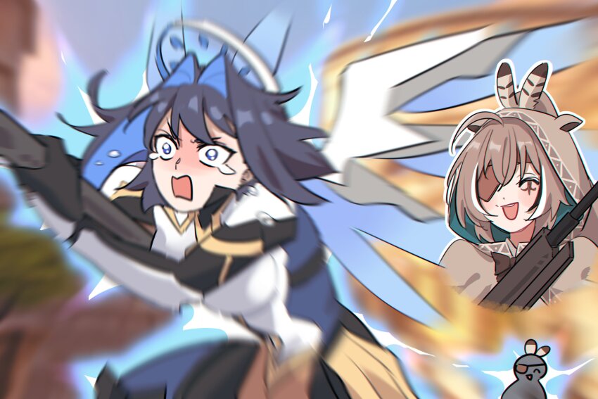 2girls, :d, ahoge, ana_(overwatch), ana_(overwatch)_(cosplay), anco_(platanity), blue_eyes, blue_hair