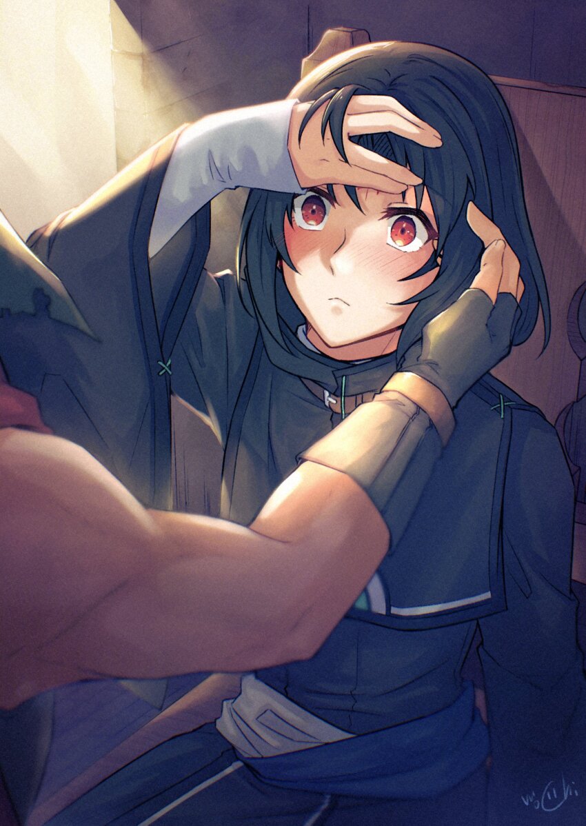 2boys, black_hair, black_robe, blush, chair, closed_mouth, fire_emblem, fire_emblem:_radiant_dawn, highres, ike_(fire_emblem), indoors, male_focus, medium_hair, mochi88543, multiple_boys, muscular, muscular_male, nintendo, on_chair, red_eyes, robe, sitting, soren_(fire_emblem), yaoi