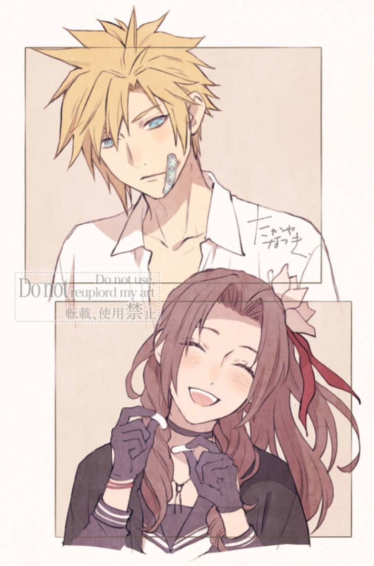 1boy, 1girl, aerith_gainsborough, aerith_gainsborough_(midgard_seventh_high_school), bandaid, bandaid_on_cheek, bandaid_on_face, black_choker