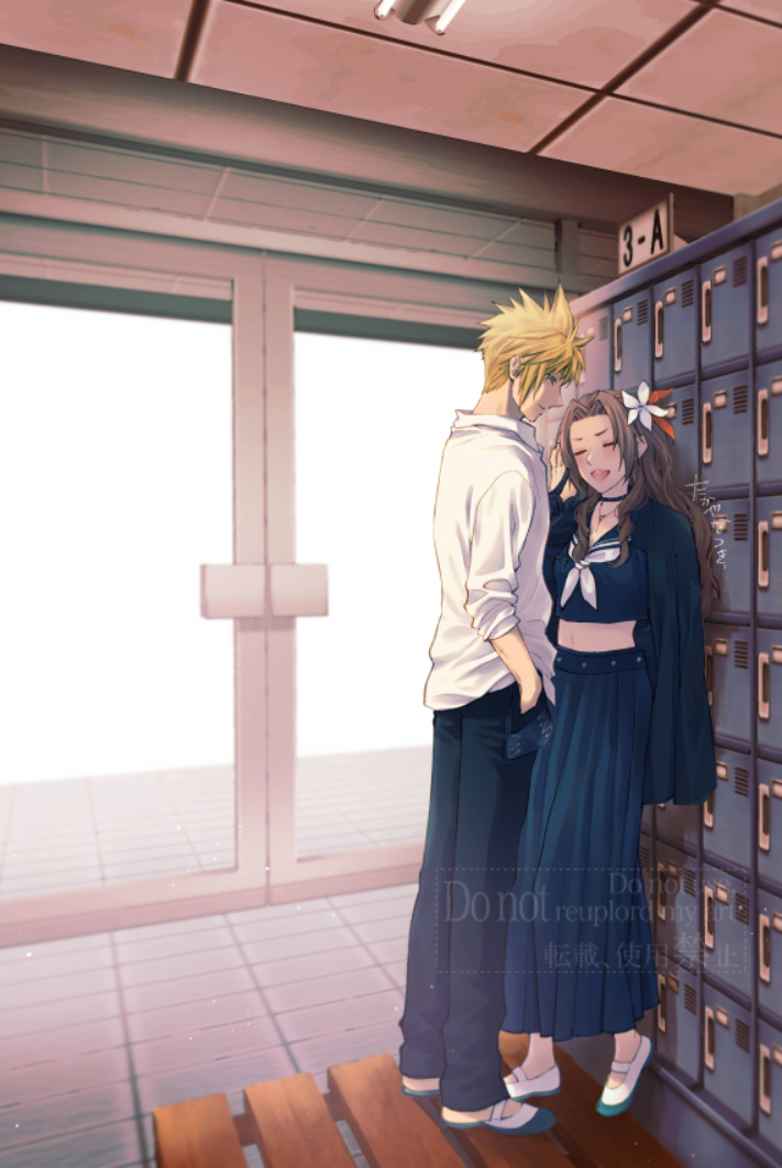 1boy, 1girl, aerith_gainsborough, aerith_gainsborough_(midgard_seventh_high_school), belt, black_belt, black_choker, black_gloves, black_jacket, black_pantyhose, black_sailor_collar, black_shirt, black_skirt, blonde_hair, blue_eyes, blush, breasts, brown_hair, choker, clip_studio_paint_(medium), closed_eyes, closed_mouth, cloud_strife, cloud_strife_(midgard_seventh_high_school), collared_shirt, couple, crop_top, delinquent, door, final_fantasy, final_fantasy_vii, final_fantasy_vii:_ever_crisis, flower, full_body, furrowed_brow, gakuran, gloves, grey_neckerchief, hair_flower, hair_ornament, hair_ribbon, hand_in_pocket, hetero, indoors, jacket, jacket_on_shoulders, kabedon, locker, long_hair, long_skirt, medium_breasts, midriff, neckerchief, official_alternate_costume, open_mouth, pantyhose, parted_bangs, pleated_skirt, red_ribbon, ribbon, sailor_collar, school_uniform, shirt, shoes, short_hair, side_ponytail, sidelocks, skirt, sleeves_rolled_up, smile, spiked_hair, studded_belt, sukeban, takaya_natsuki, tile_floor, tiles, wavy_hair, white_flower, white_shirt, white_shoes