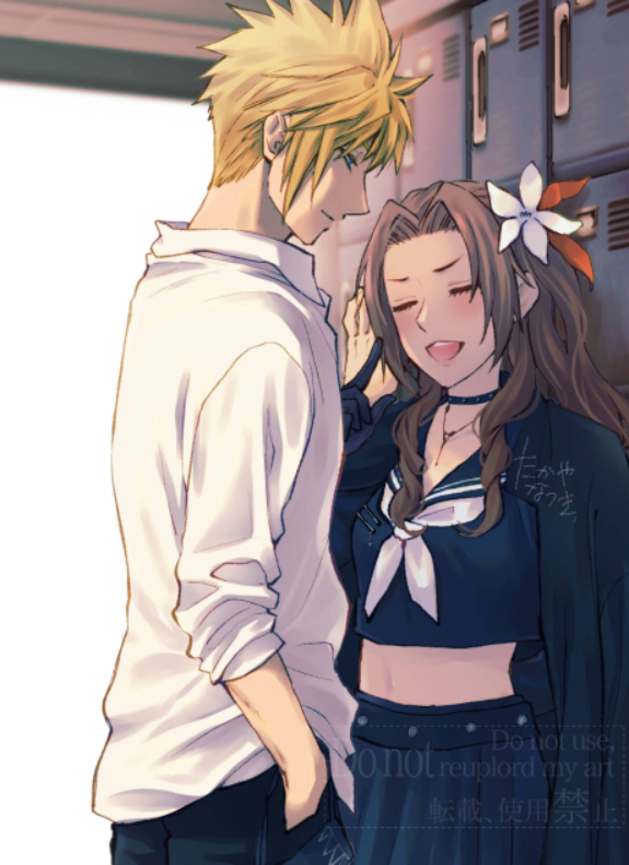 1boy, 1girl, aerith_gainsborough, aerith_gainsborough_(midgard_seventh_high_school), belt, black_belt, black_choker, black_gloves