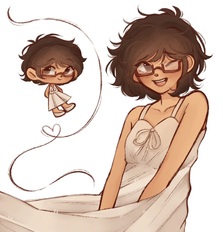 1girl, ;d, alternate_costume, antenna_hair, art_trade, bare_arms, bare_shoulders, brown_eyes