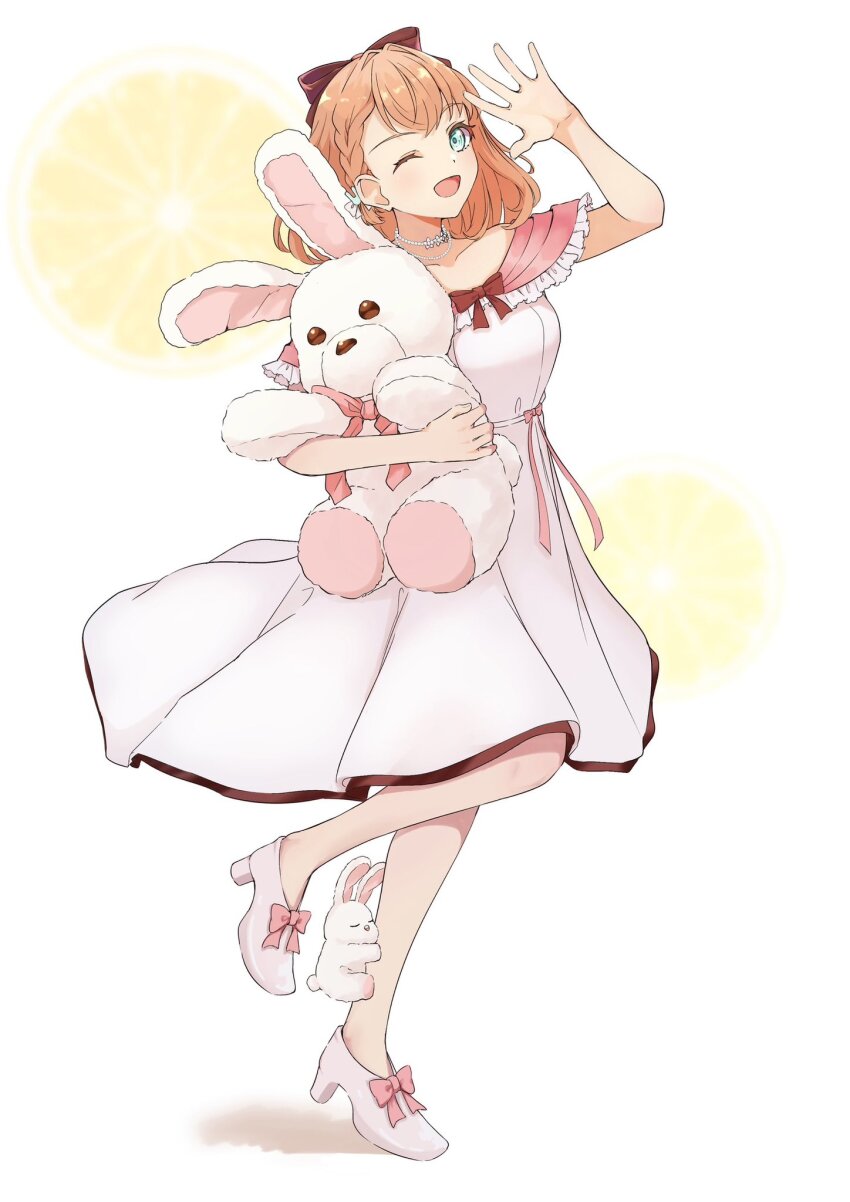 1girl, ;d, animal_on_leg, aqua_eyes, bow, breasts, brown_bow, commentary