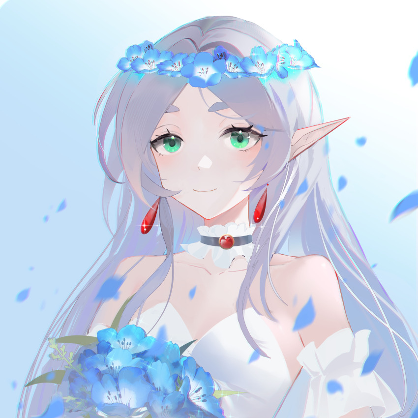 1girl, absurdres, blue_flower, bouquet, breasts, casper_(fidio-koko), closed_mouth, detached_collar, dress, elf, falling_petals, flower, flower_wreath, frieren, green_eyes, grey_hair, highres, holding, holding_bouquet, long_hair, looking_at_viewer, petals, pointy_ears, small_breasts, smile, solo, sousou_no_frieren, white_dress
