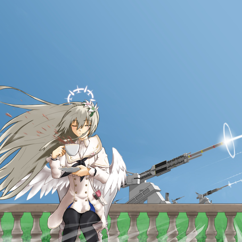 1girl, absurdres, ace_combat, angel_wings, artillery, blonde_hair, blue_archive, cannon