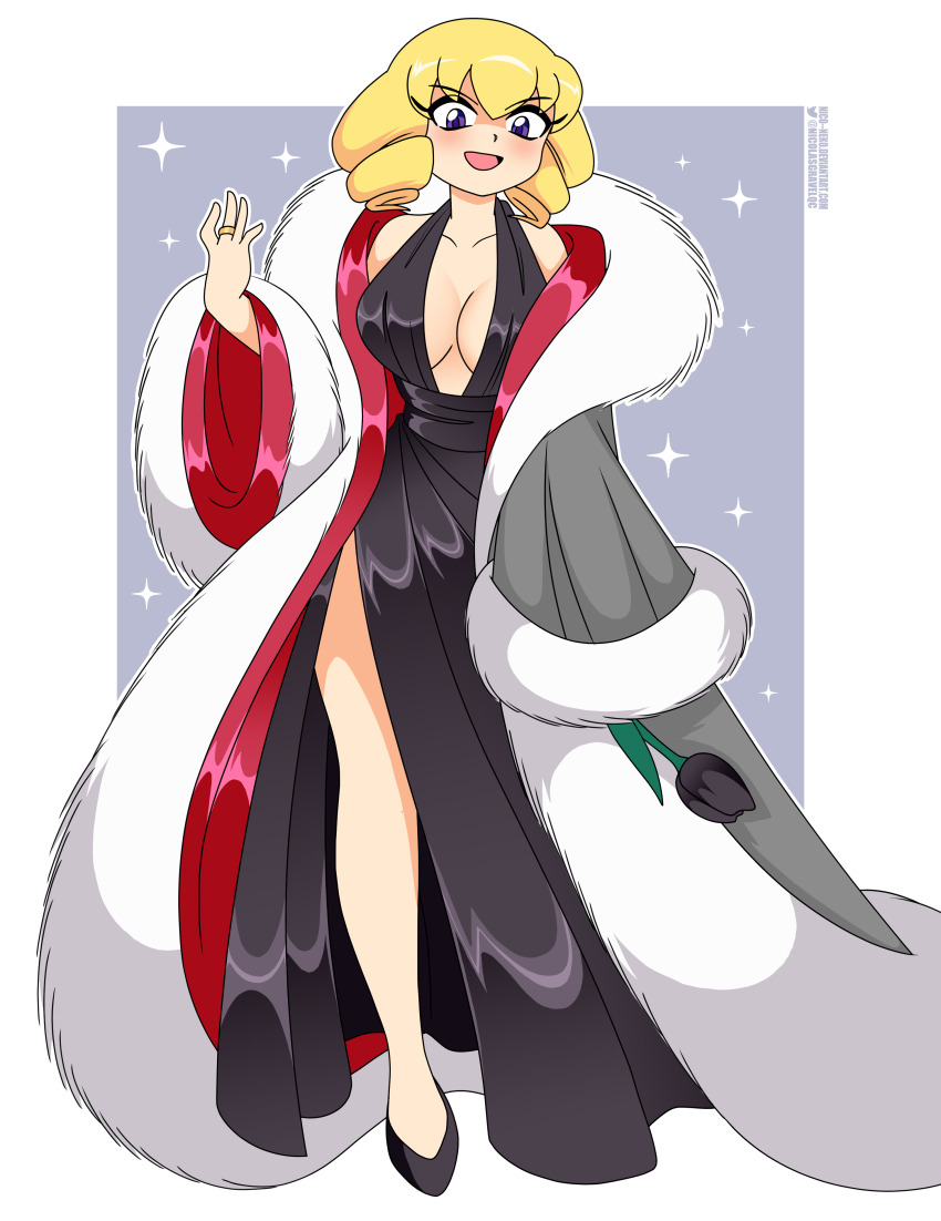 absurdres, artist_name, bare_shoulders, black_dress, black_flower, black_tulip, blonde_hair, breasts, coat, domino_(pokemon), dress, eyelashes, flower, fur_coat, fur_trim, gold_ring, gown, high_heels, highres, holding, holding_flower, jewelry, nico-neko, nintendo, open_mouth, pokemon, pokemon_(anime), pokemon_(classic_anime), ring, silk, smile, smug, standing, thighs, tulip, twitter_username, white_background