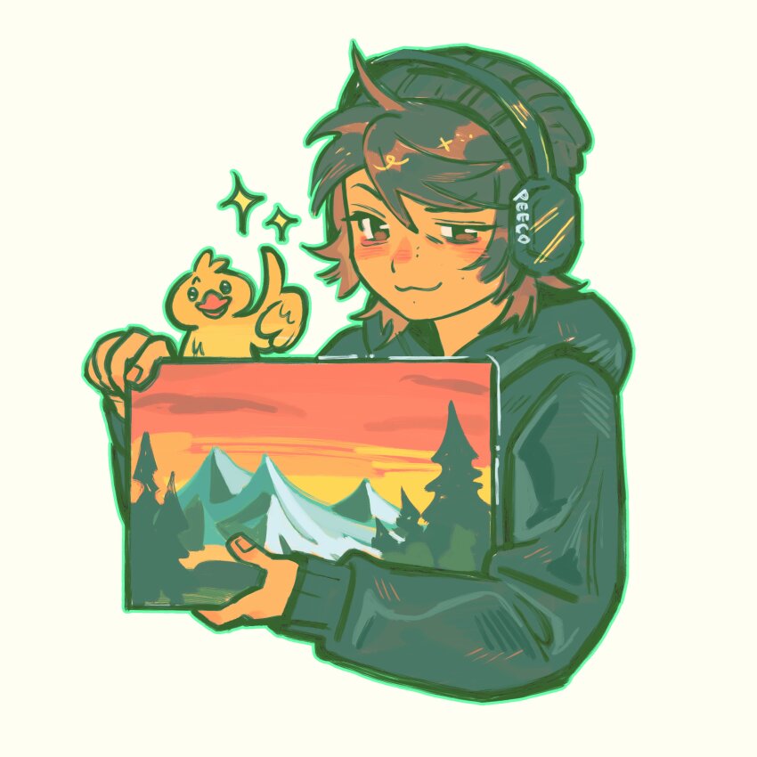 1boy, :3, absurdres, aegyo_sal, androgynous, animification, beanie, bird