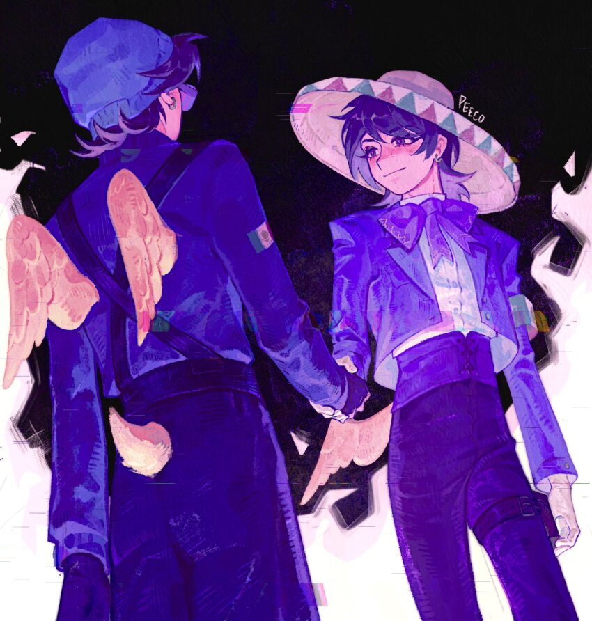 2boys, androgynous, animification, armband, beanie, bird_tail, bird_wings, bishounen