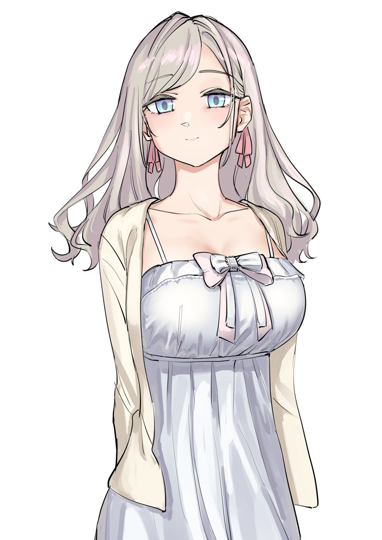 1girl, breasts, cardigan, ceras_yanagida_lilienfeld, ceras_yanagida_lilienfeld_(summer_loungewear), cleavage, closed_mouth, collarbone