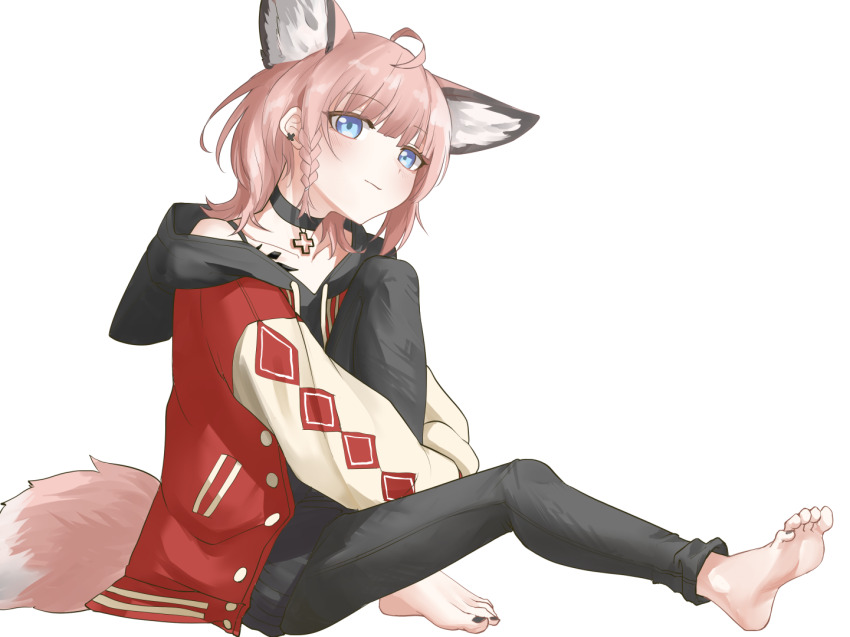 1girl, ahoge, animal_ears, arknights, barefoot, black_choker, black_nails, black_pants
