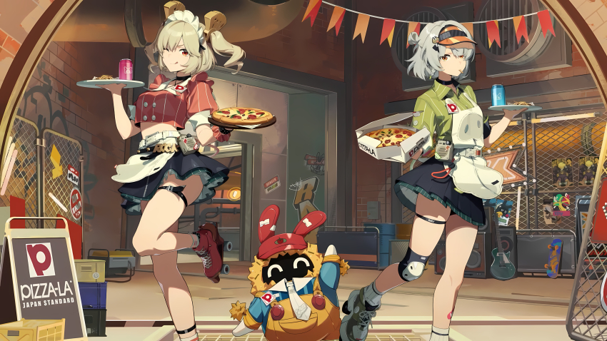 2girls, absurdres, anby_demara, anby_demara_(operation_yum_2025), apron, bangboo_(zenless_zone_zero), belt, black_skirt