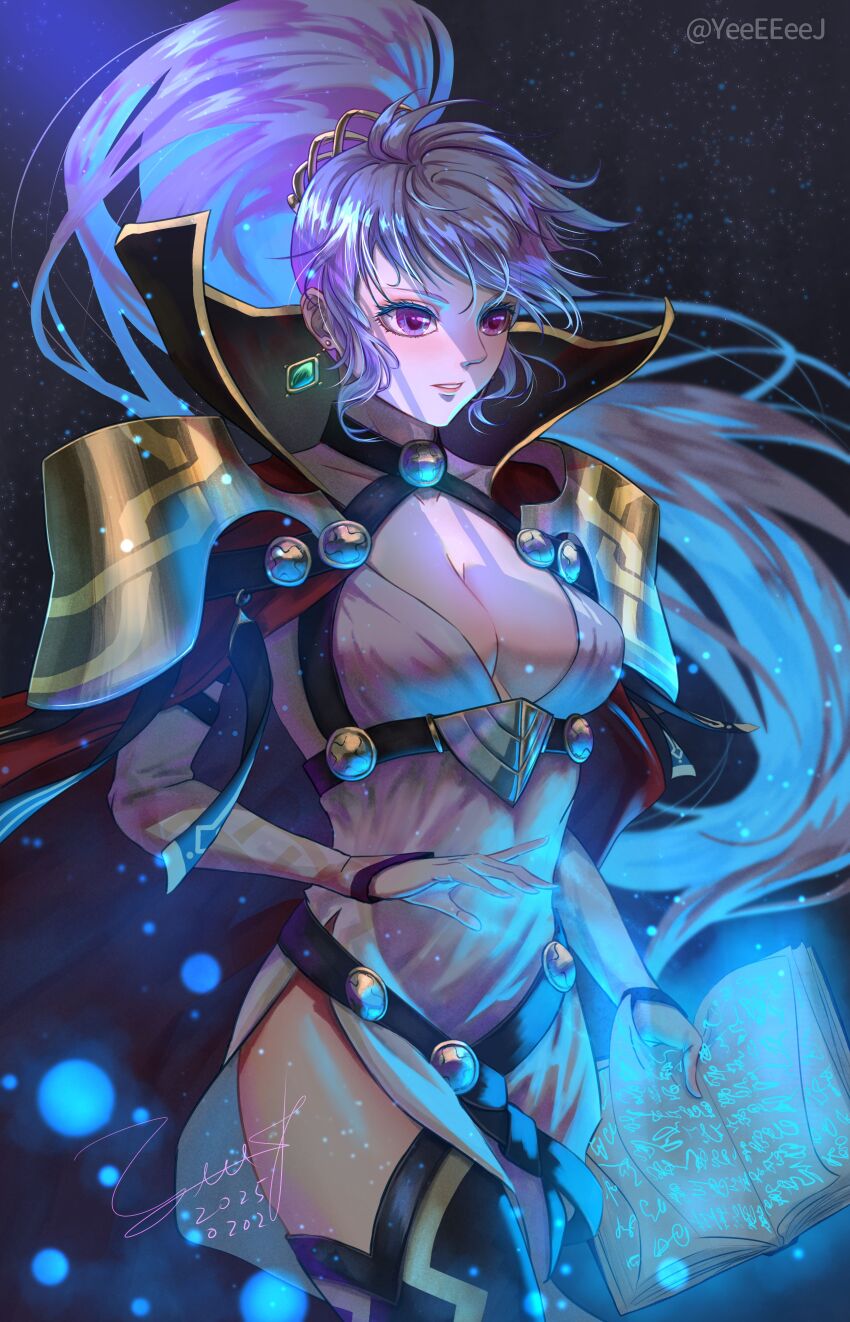 1girl, absurdres, armor, artist_name, book, breasts, commentary_request, dated, fire_emblem, fire_emblem:_genealogy_of_the_holy_war, fire_emblem_heroes, high_ponytail, highres, holding, holding_book, ishtar_(fire_emblem), ishtar_(resplendent)_(fire_emblem), large_breasts, magic, nintendo, official_alternate_costume, open_book, parted_lips, pauldrons, pink_lips, ponytail, purple_eyes, purple_hair, shoulder_armor, signature, solo, standing, yeeej