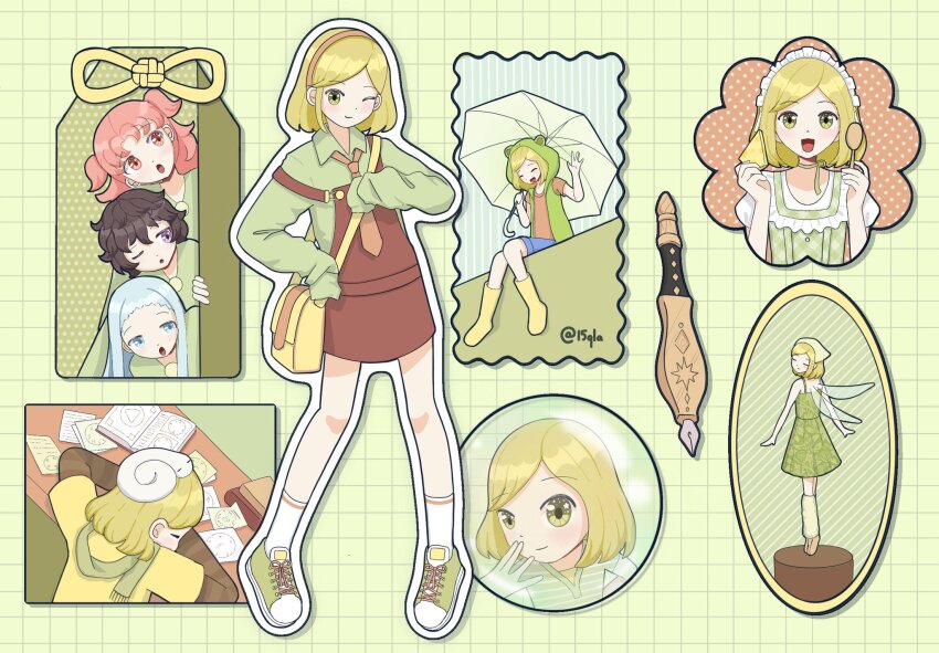 15qla, 4girls, agott_arklaum_(tongari_boushi_no_atelier), alternate_costume, black_hair, blonde_hair, blue_eyes, blue_hair, brushbuddy, calligraphy_brush, coco_(tongari_boushi_no_atelier), fairy, fairy_wings, frog_raincoat, gen_5_pokemon, headdress, highres, holding, holding_umbrella, long_hair, mirror, multiple_girls, multiple_views, one_eye_closed, paintbrush, pink_eyes, pink_hair, purple_eyes, raincoat, richeh_(tongari_boushi_no_atelier), short_hair, sigilyph, sleeping, sleeves_past_fingers, sleeves_past_wrists, spoon, star_(symbol), star_in_eye, symbol_in_eye, tetia_(tongari_boushi_no_atelier), tongari_boushi_no_atelier, umbrella, wings, yellow_eyes