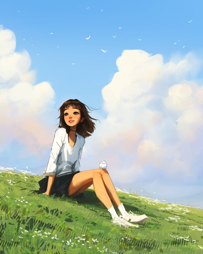 1girl, animal, animal_on_leg, bird, bird_on_knee, bird_on_leg, black_choker, black_skirt