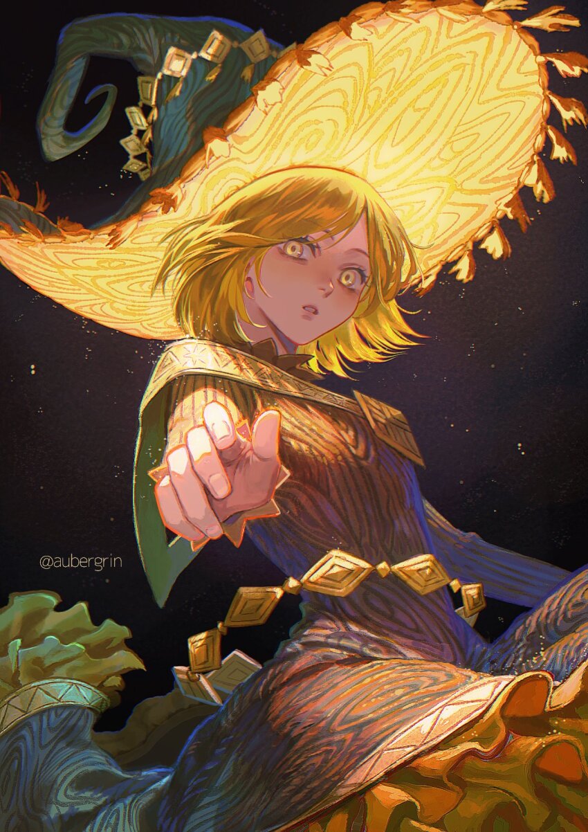 1girl, alternate_costume, aubergrin, blonde_hair, coco_(tongari_boushi_no_atelier), dress, fingernails, hat, highres, looking_at_viewer, night, open_mouth, reaching, reaching_towards_viewer, short_hair, solo, star_(sky), teeth, tongari_boushi_no_atelier, witch, witch_hat, yellow_eyes