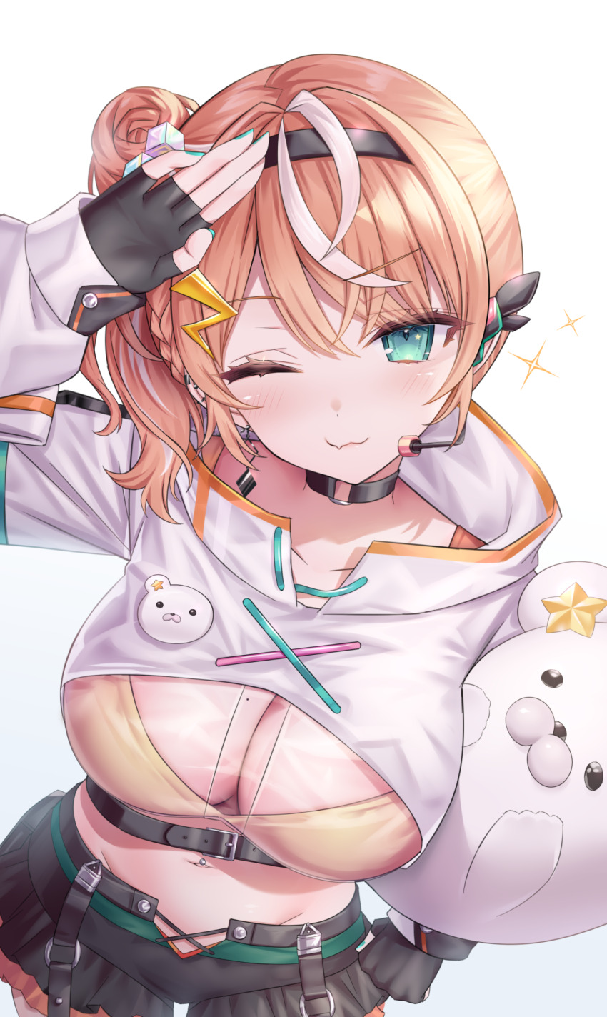 1girl, :3, arm_up, belt, black_choker, black_gloves, black_shorts, blue_eyes