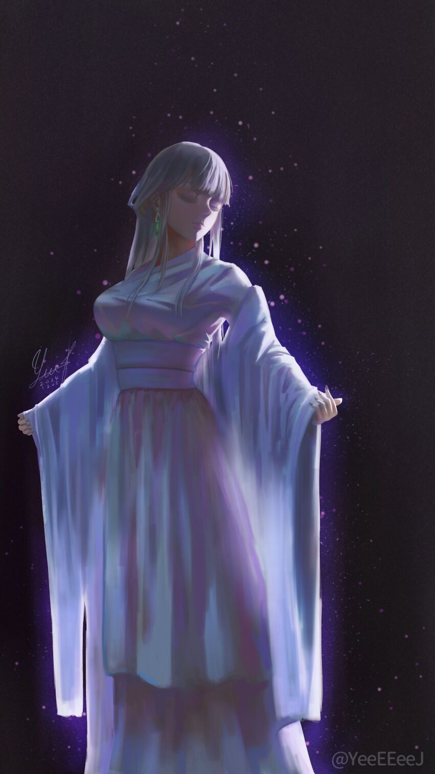 1girl, absurdres, artist_name, blunt_bangs, breasts, chinese_commentary, closed_eyes, closed_mouth