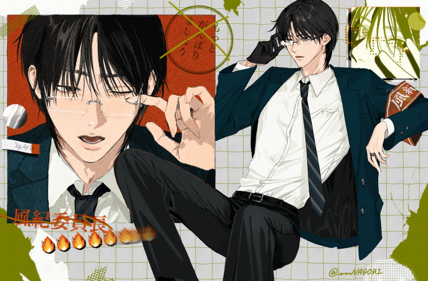 1boy, absurdres, adjusting_eyewear, armband, belt, black_gloves, diagonal-striped_clothes, diagonal-striped_necktie