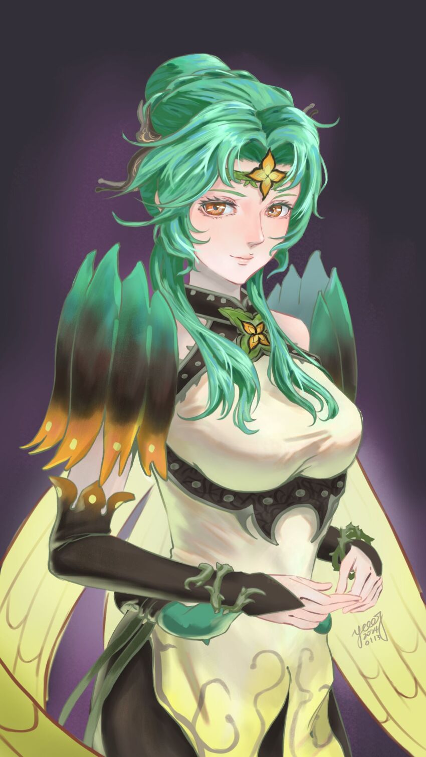 1girl, absurdres, breasts, butterfly_wings, closed_mouth, commentary, detached_sleeves, elincia_ridell_crimea