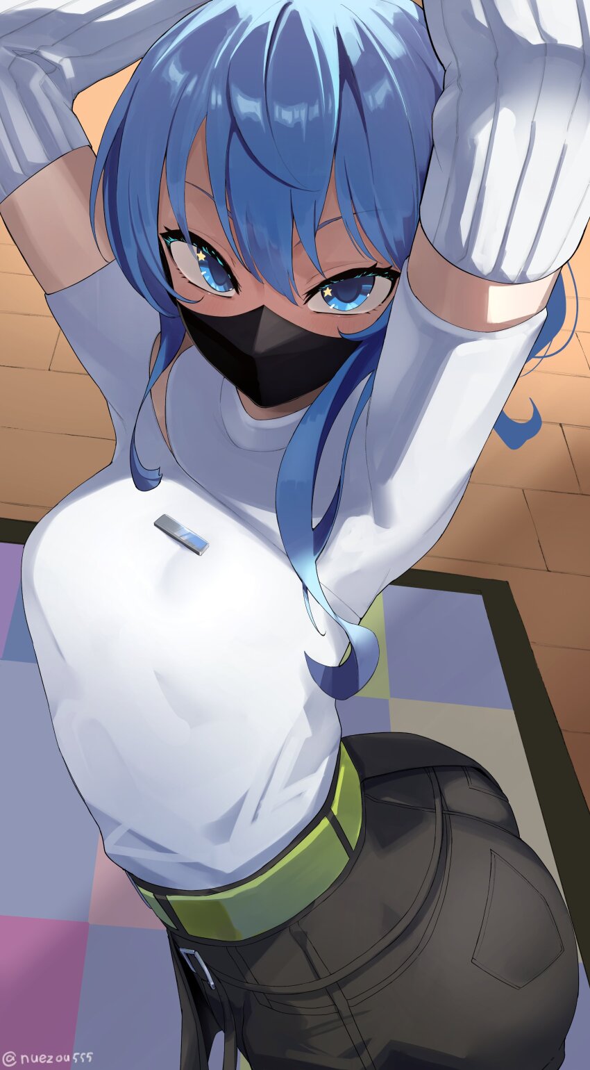 1girl, absurdres, arms_up, belt, black_mask, black_pants, blue_eyes, blue_hair, breasts, covered_mouth, detached_sleeves, green_belt, highres, hololive, hoshimachi_suisei, hoshimachi_suisei_(11th_costume), long_hair, looking_at_viewer, mask, medium_breasts, mouth_mask, nuezou, pants, shirt, solo, star_(symbol), star_in_eye, symbol_in_eye, virtual_youtuber, white_shirt