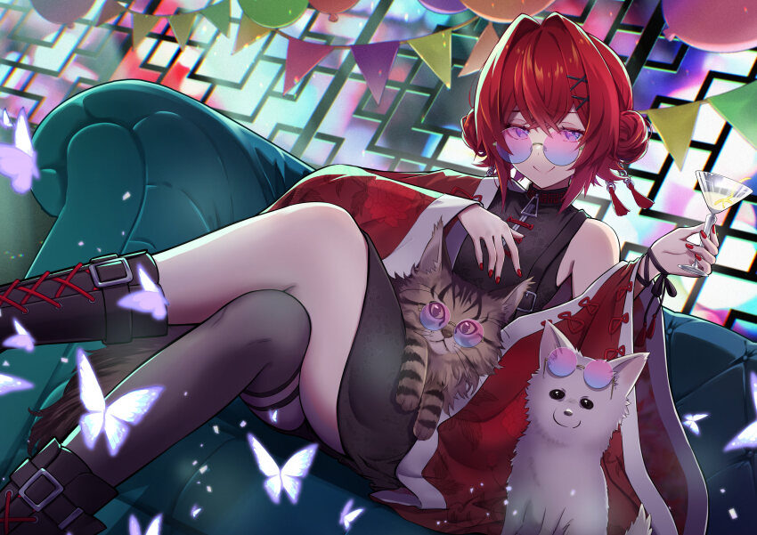 1girl, ange_katrina, ange_katrina_(china_dress), animal, animal_on_lap, ankle_boots, armpit_crease, balloon