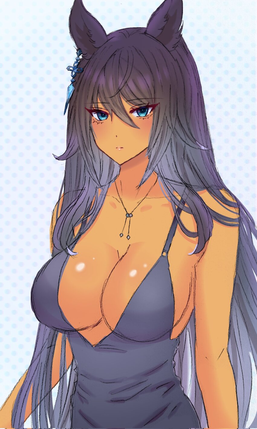 1girl, alternate_costume, alternate_hairstyle, animal_ears, bare_shoulders, black_hair, blue_eyes, blush