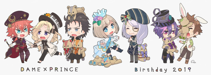 6+boys, animal_ears, birthday, black_bow, black_hair, black_pants, black_shoes, blue_eyes