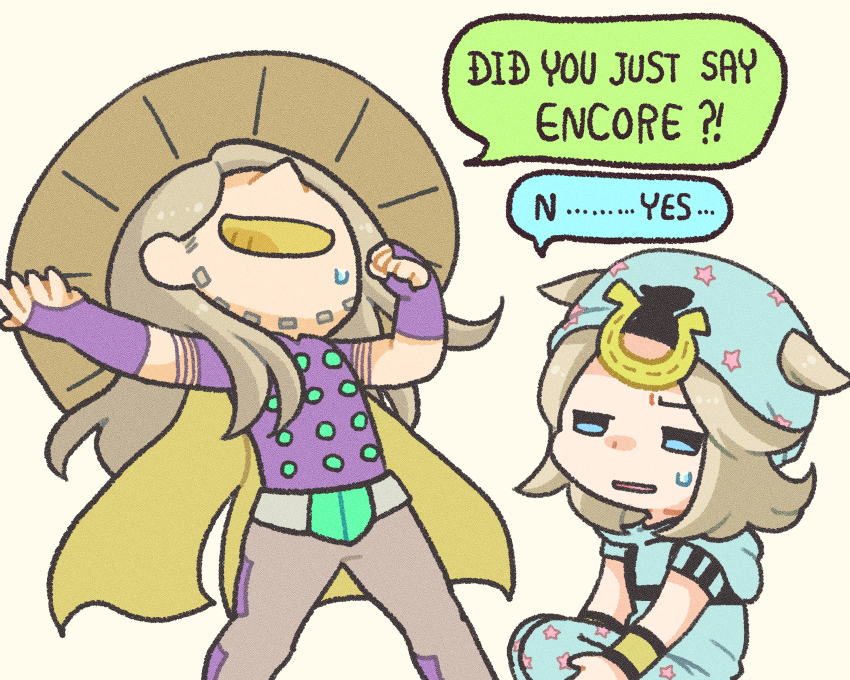 2boys, absurdres, beanie, beard, belt, belt_buckle, blonde_hair, blue_eyes, blue_hat, blue_hoodie, blue_pants, bridal_gauntlets, buckle, cape, cheese_song_(meme), chibi, chibi_only, commentary, cowboy_hat, english_text, facial_hair, gloves, gold_teeth, grey_belt, grey_pants, grin, gyro_zeppeli, hat, highres, hood, hood_down, hoodie, horseshoe, horseshoe_hat_ornament, horseshoe_ornament, johnny_joestar, jojo_no_kimyou_na_bouken, long_hair, m_a_a_m_8, male_focus, medium_hair, meme, multiple_boys, pants, purple_bridal_gauntlets, purple_shirt, shirt, short_sleeves, smile, speech_bubble, star_(symbol), star_print, steel_ball_run, sweatdrop, wristband, yellow_cape