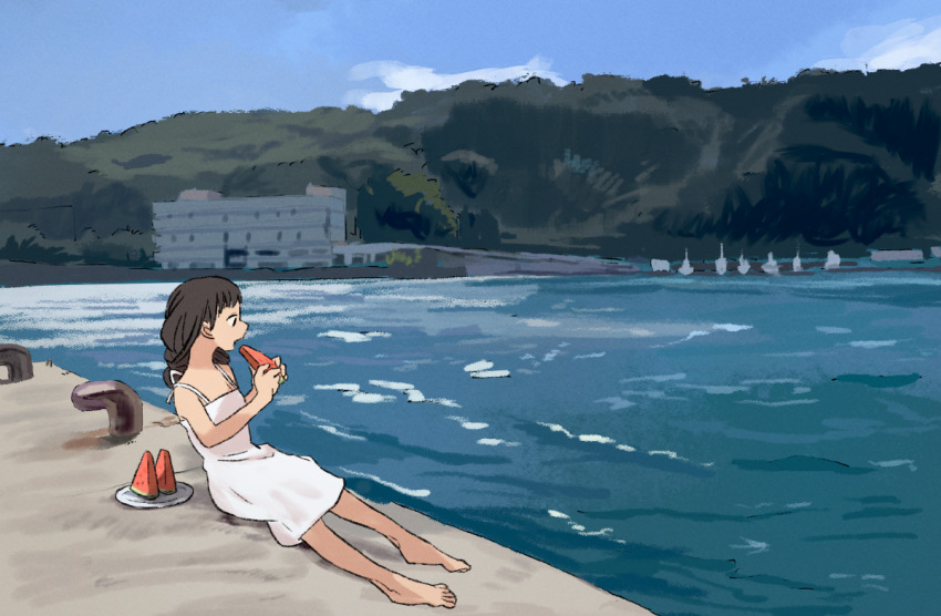 1girl, barefoot, black_hair, blue_sky, building, cloud, commentary_request, day