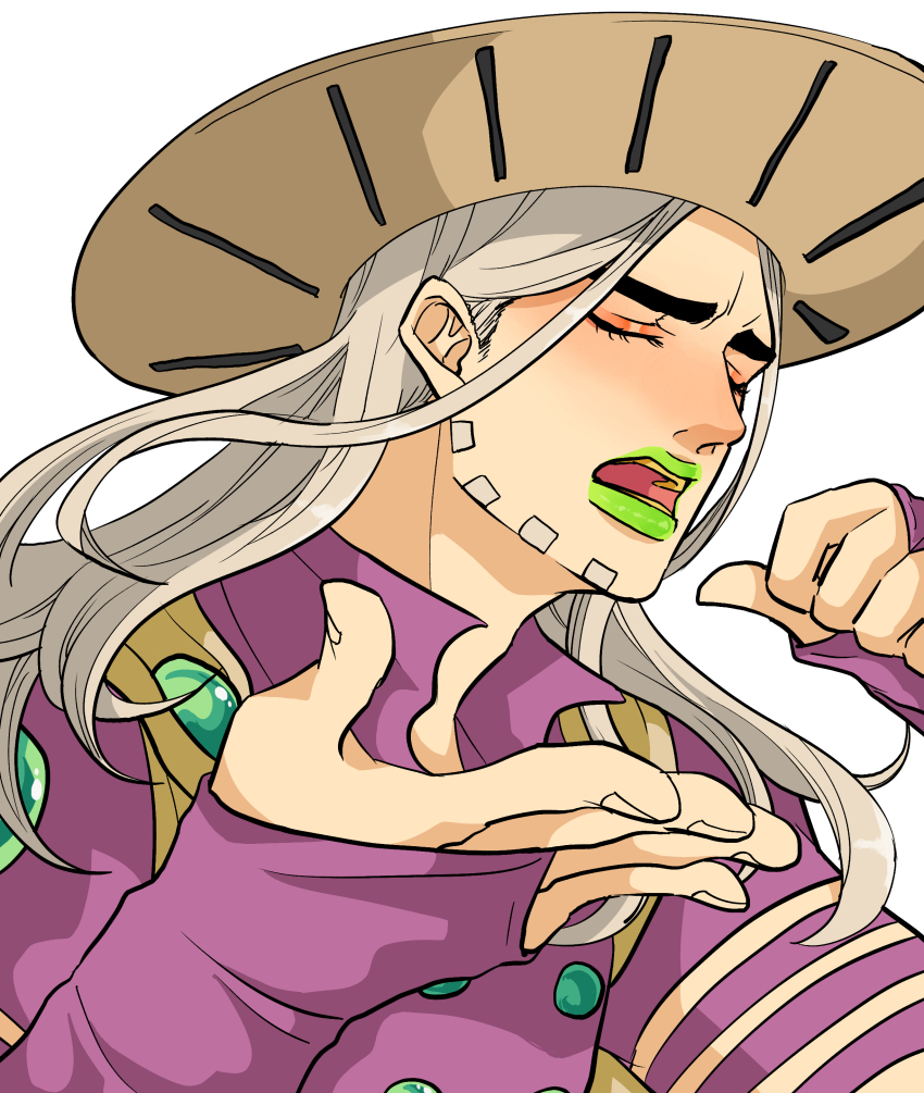 1boy, absurdres, beard, bridal_gauntlets, brown_hat, cheese_song_(meme), closed_eyes, commentary, facial_hair, gold_teeth, green_lips, grey_hair, gyro_zeppeli, hat, highres, jojo_no_kimyou_na_bouken, long_hair, m_a_a_m_8, makeup, male_focus, meme, open_mouth, popped_collar, purple_bridal_gauntlets, purple_shirt, shirt, solo, steel_ball_run