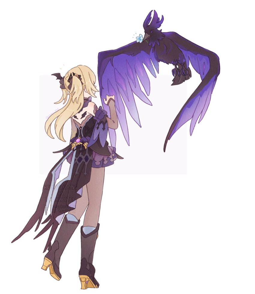 1girl, anni_(556_an), bird, black_boots, black_bridal_gauntlets, black_pantyhose, blonde_hair, blue_flower