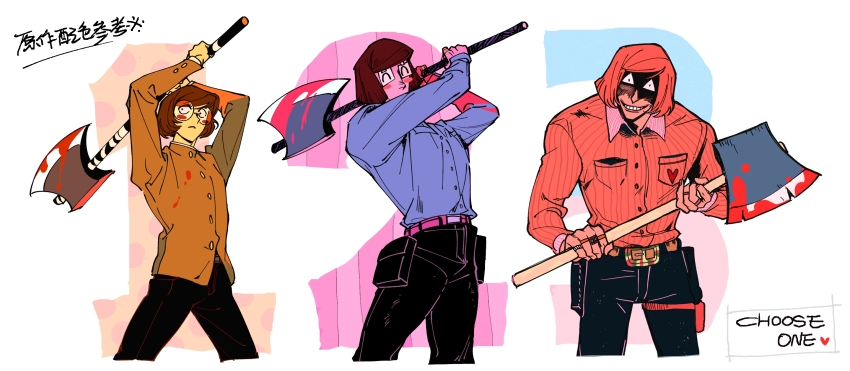 3boys, aged_down, arms_up, axe, axe_luther, blood, blood_on_clothes, blood_on_hands