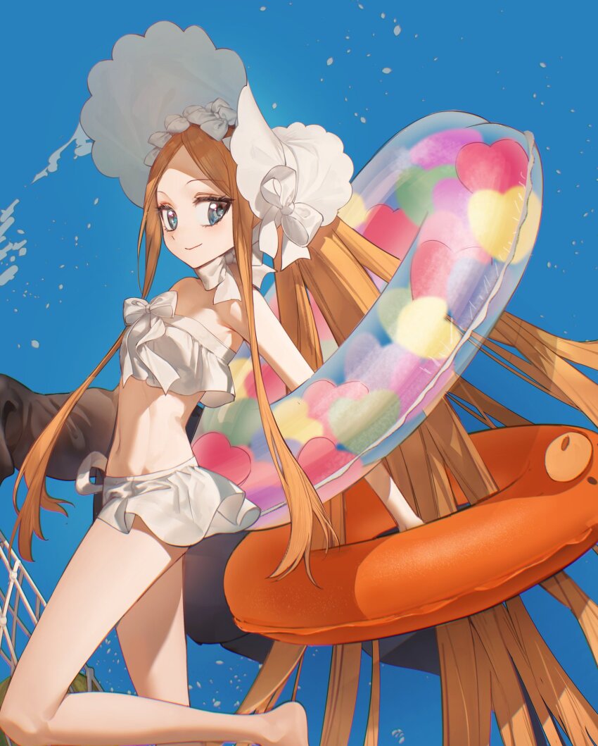 1girl, abigail_williams_(fate), abigail_williams_(swimsuit_foreigner)_(fate), abigail_williams_(swimsuit_foreigner)_(third_ascension)_(fate), beach_umbrella, bikini, blonde_hair, blue_dress