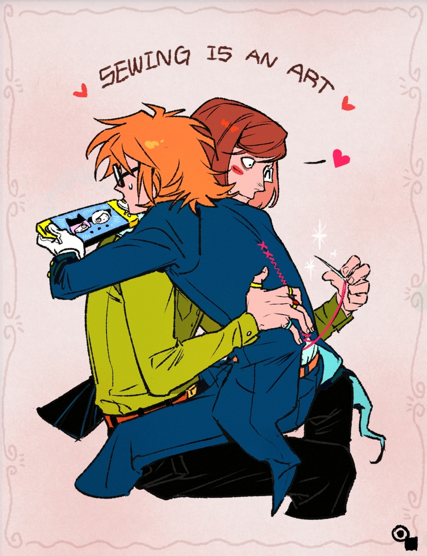 2boys, blue_coat, brothers, brown_hair, coat, coattails, cropped_legs, english_text