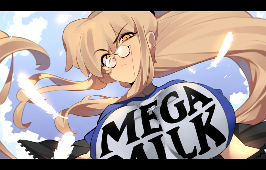 1girl, blonde_hair, blue_sky, blush, breast_focus, breast_press, breasts, day